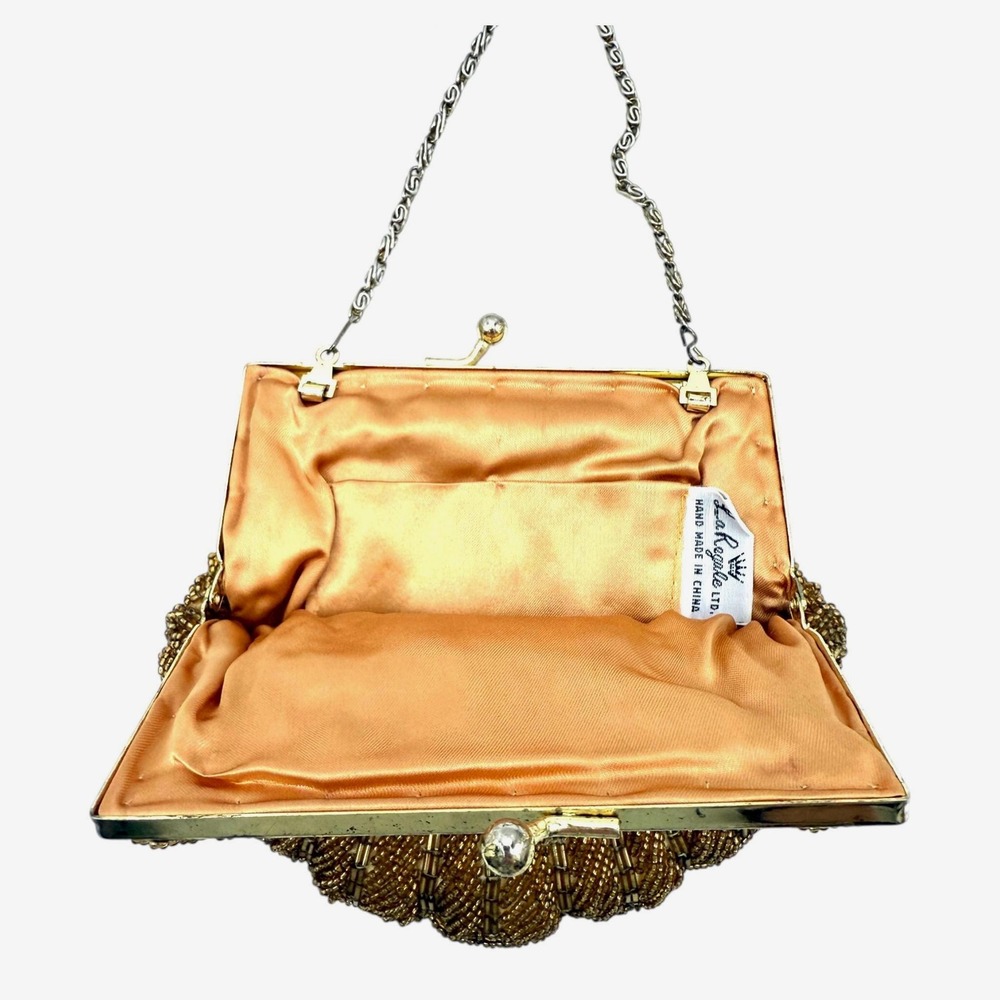VTG La Regale Women's Evening Shoulder Purse Gold Beaded Clam Shell Gold Chain - Picture 6 of 13